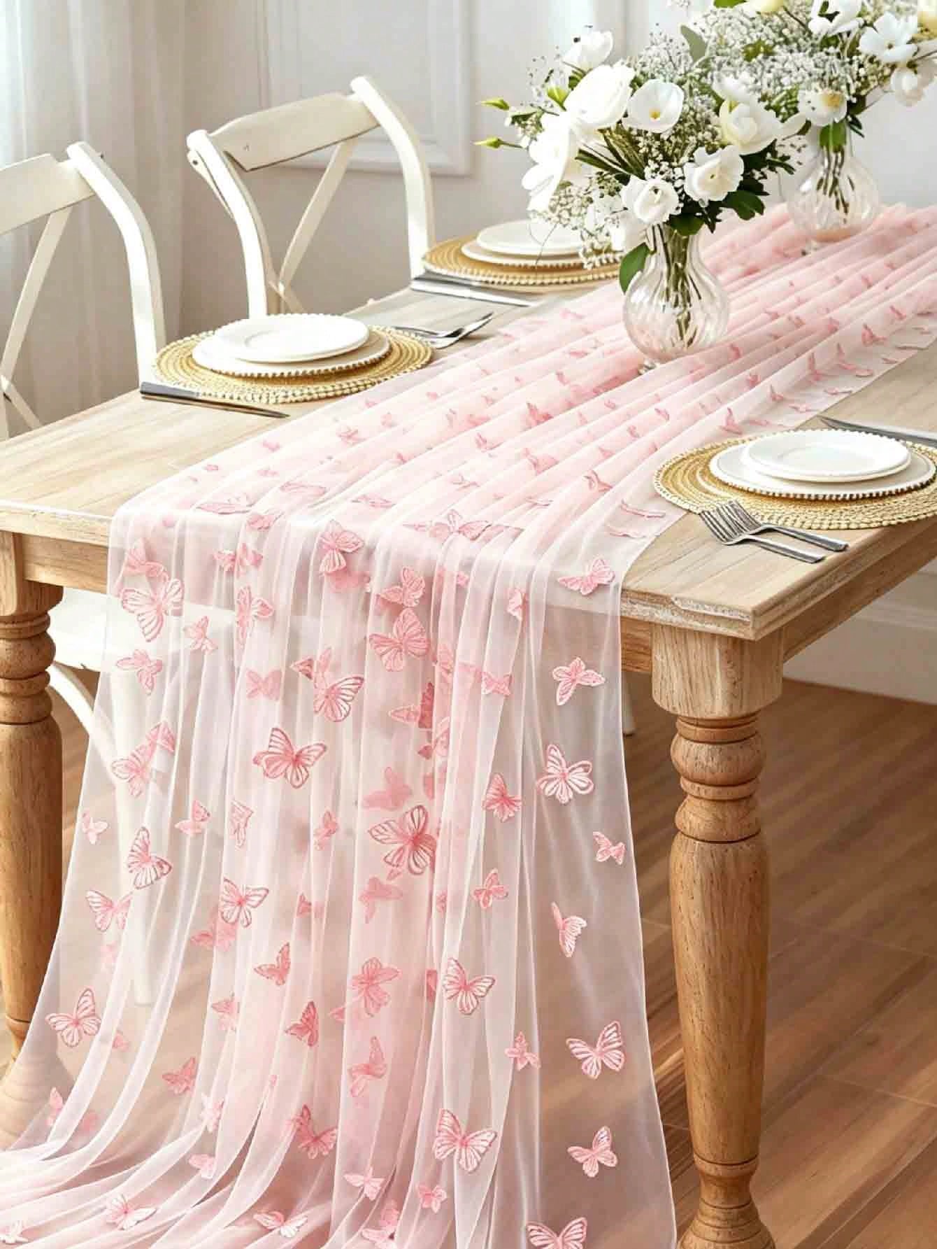 1pc Pink Butterfly Table Runner, Butterfly Theme Party Supplies, Gender Reveal Party Decor, Wedding Decor, 1st Birthday Decor, Baby Shower Supplies, Holiday Party Decor, Home Decor, Room Decor, Table
