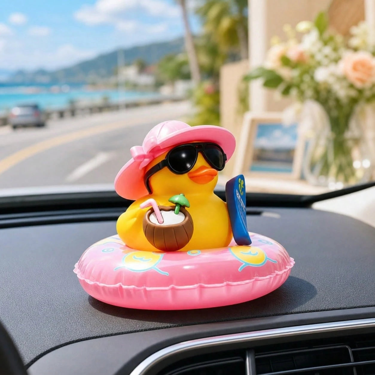 1pc Pink Cool Fashion Glasses Rubber Duck Car Dashboard Decor, Fun Rubber Duck Car Ornament With Non-Marking Adhesive, Unisex Car Interior Decoration Gift