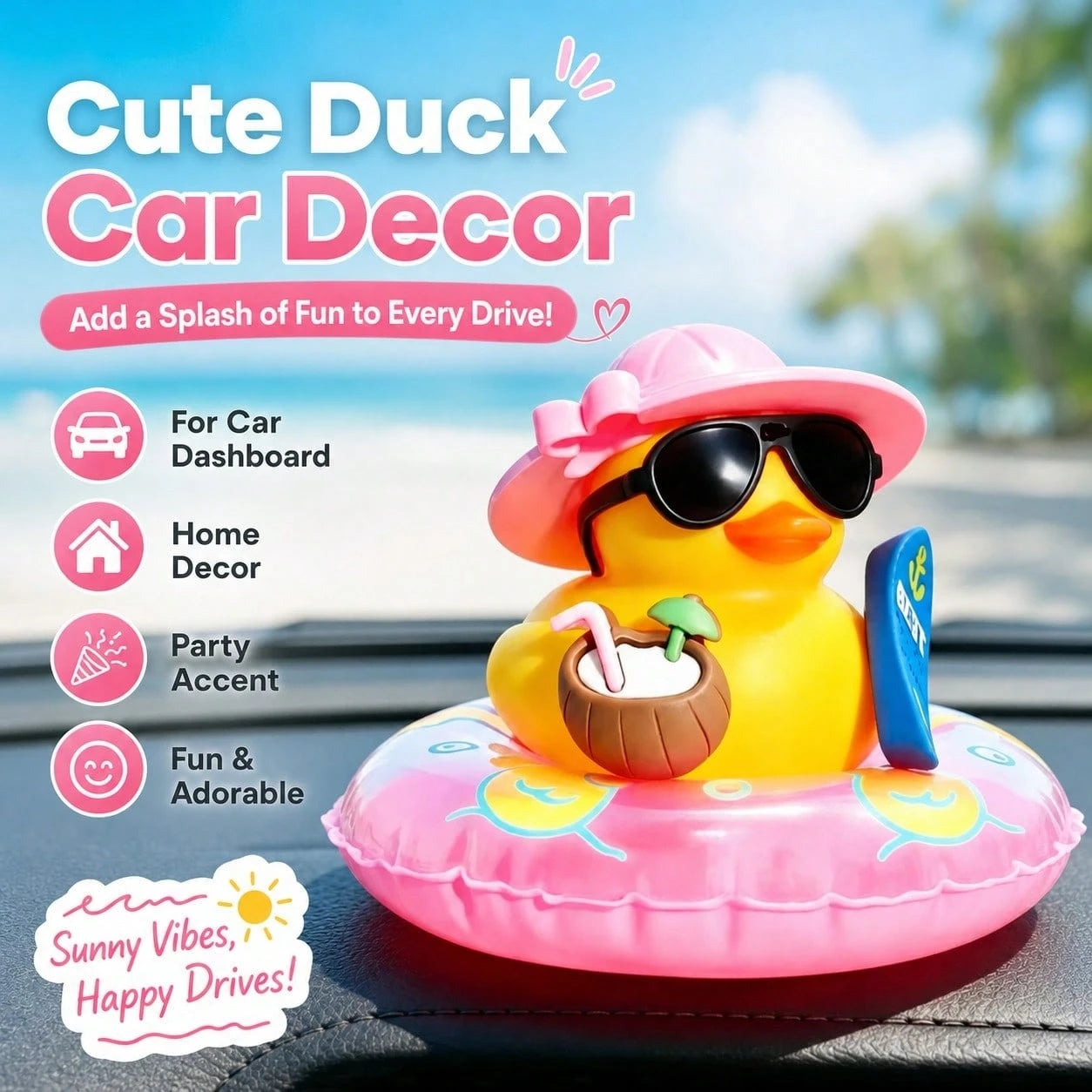 1pc Pink Cool Fashion Glasses Rubber Duck Car Dashboard Decor, Fun Rubber Duck Car Ornament With Non-Marking Adhesive, Unisex Car Interior Decoration Gift