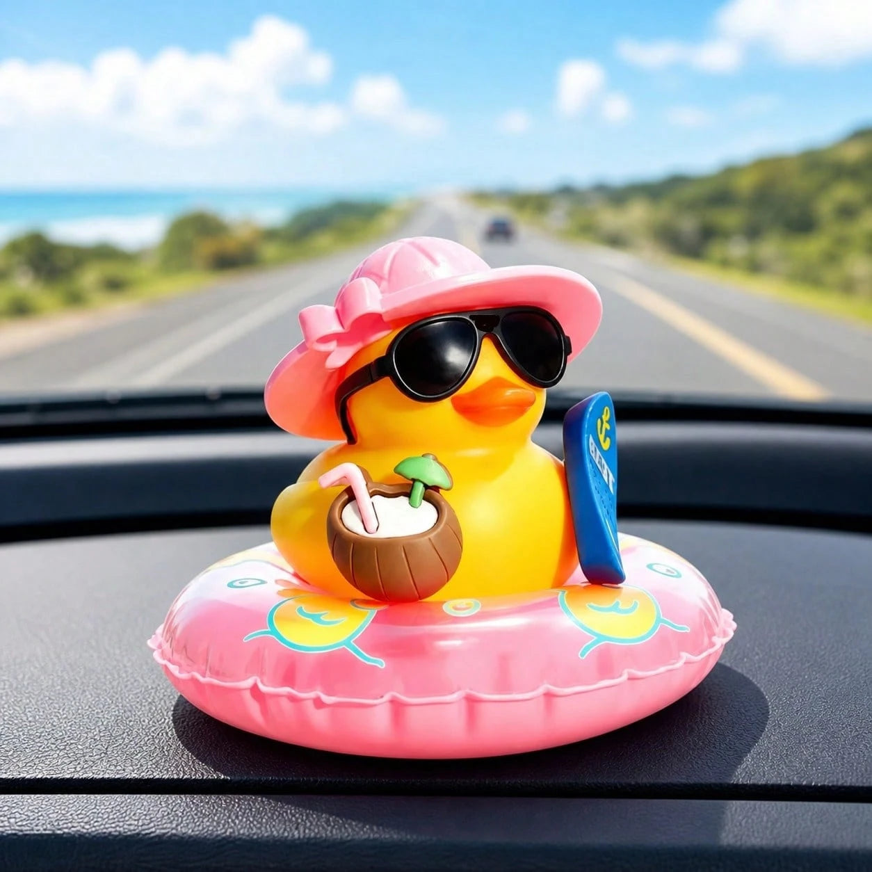 1pc Pink Cool Fashion Glasses Rubber Duck Car Dashboard Decor, Fun Rubber Duck Car Ornament With Non-Marking Adhesive, Unisex Car Interior Decoration Gift