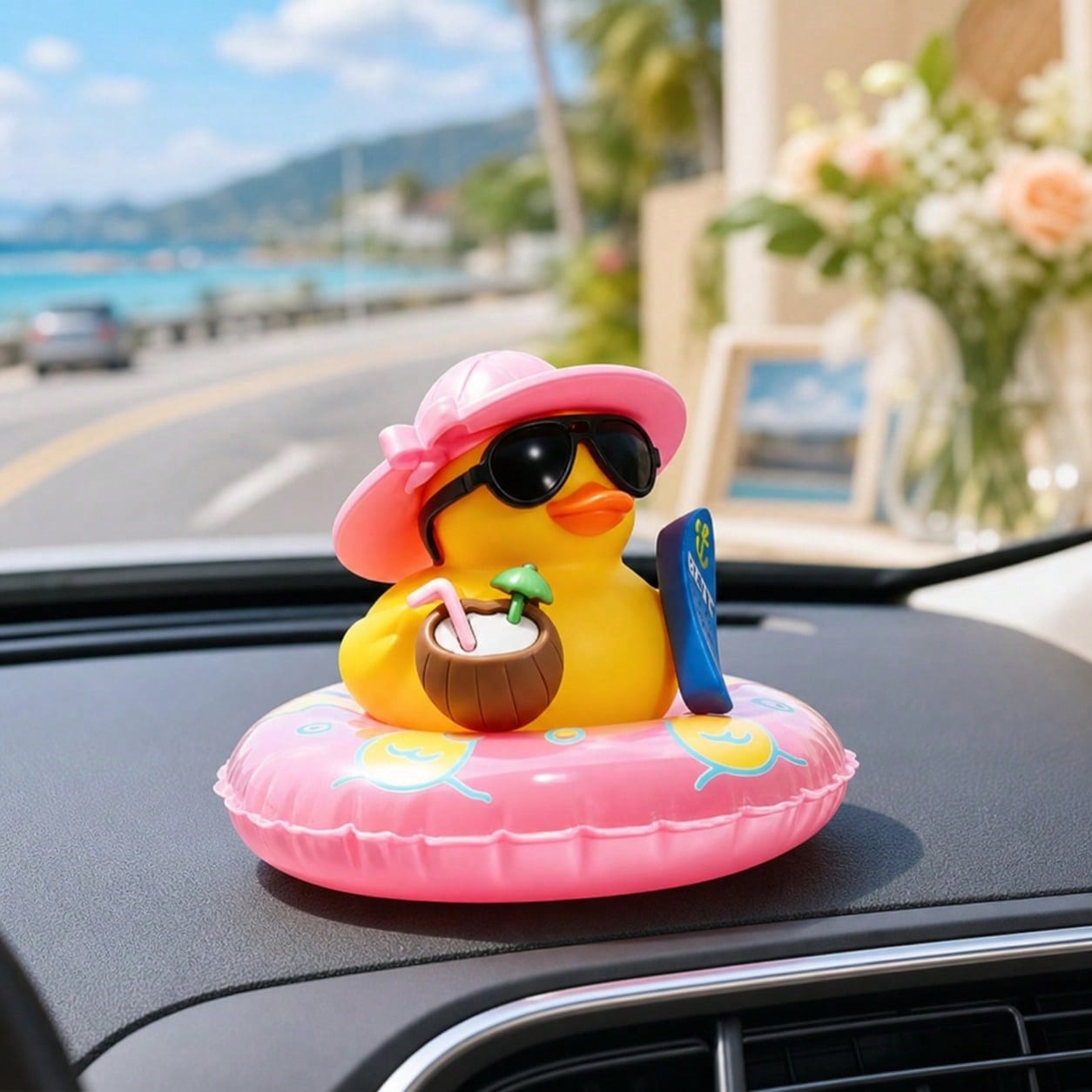1pc Pink Cool Fashion Glasses Rubber Duck Car Dashboard Decor, Fun Rubber Duck Car Ornament With Non-Marking Adhesive, Unisex Car Interior Decoration Gift