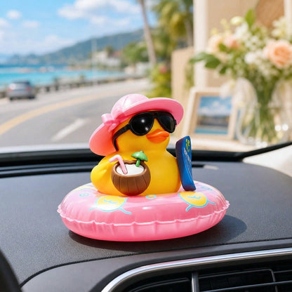 1pc Pink Cool Fashion Glasses Rubber Duck Car Dashboard Decor, Fun Rubber Duck Car Ornament With Non-Marking Adhesive, Unisex Car Interior Decoration Gift