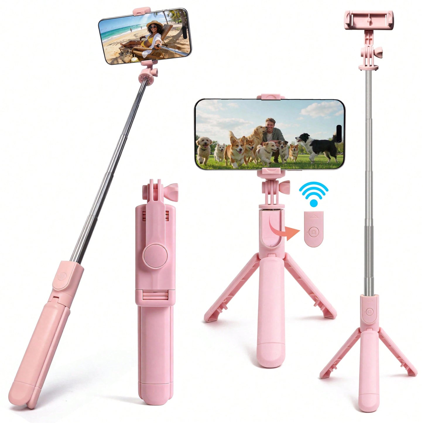 1pc Pink Cute Selfie Stick- Wireless Remote And Built-In Tripod, Remote Control, Phone Holder And Built-In Tripod(1PC)