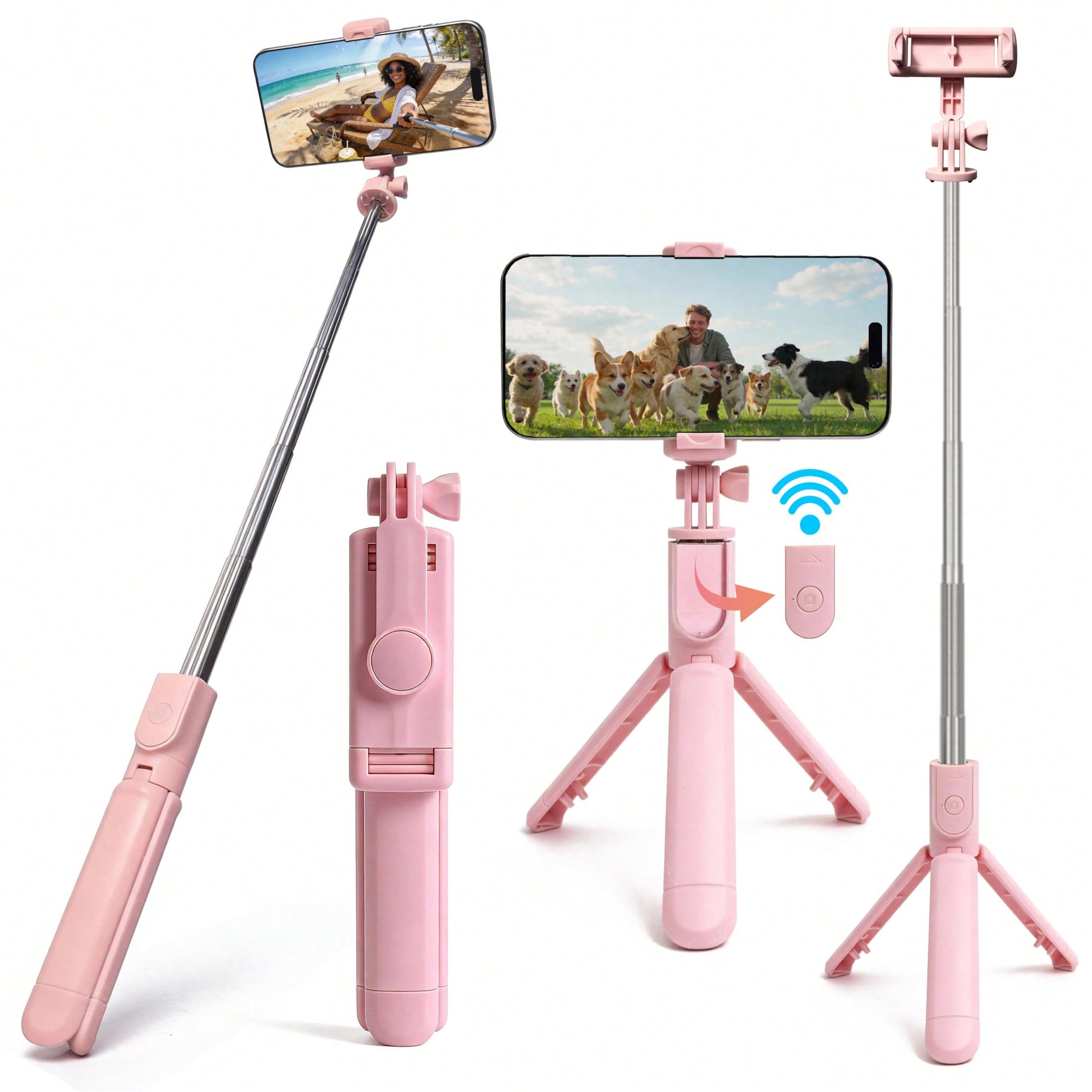 1pc Pink Cute Selfie Stick- Wireless Remote And Built-In Tripod, Remote Control, Phone Holder And Built-In Tripod(1PC)