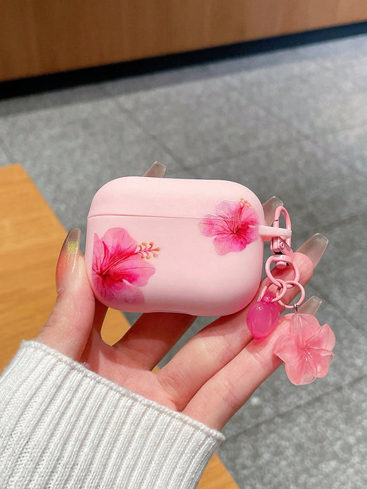 1pc Pink Hibiscus Flower Print With Flower Heart Pendant Anti-Drop Apple Bluetooth Earphone Case, Covers, Summer Sweet Girl Sexy Style Earphone Protective Sleeve, Hibiscus Flower Earpods Case, Valenti
