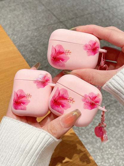 1pc Pink Hibiscus Flower Print With Flower Heart Pendant Anti-Drop Apple Bluetooth Earphone Case, Covers, Summer Sweet Girl Sexy Style Earphone Protective Sleeve, Hibiscus Flower Earpods Case, Valenti