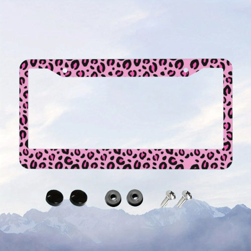 1pc Pink Leopard Print Aluminum License Plate Frame 12.2x6.3in, Romantic Valentine's Day Auto Decor Gift For Friends And Lovers,Car Cover,Car Must Haves,Gifts,Car Decor,Car Acessesories>Essentials,Car