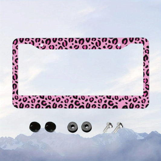 1pc Pink Leopard Print Aluminum License Plate Frame 12.2x6.3in, Romantic Valentine's Day Auto Decor Gift For Friends And Lovers,Car Cover,Car Must Haves,Gifts,Car Decor,Car Acessesories>Essentials,Car