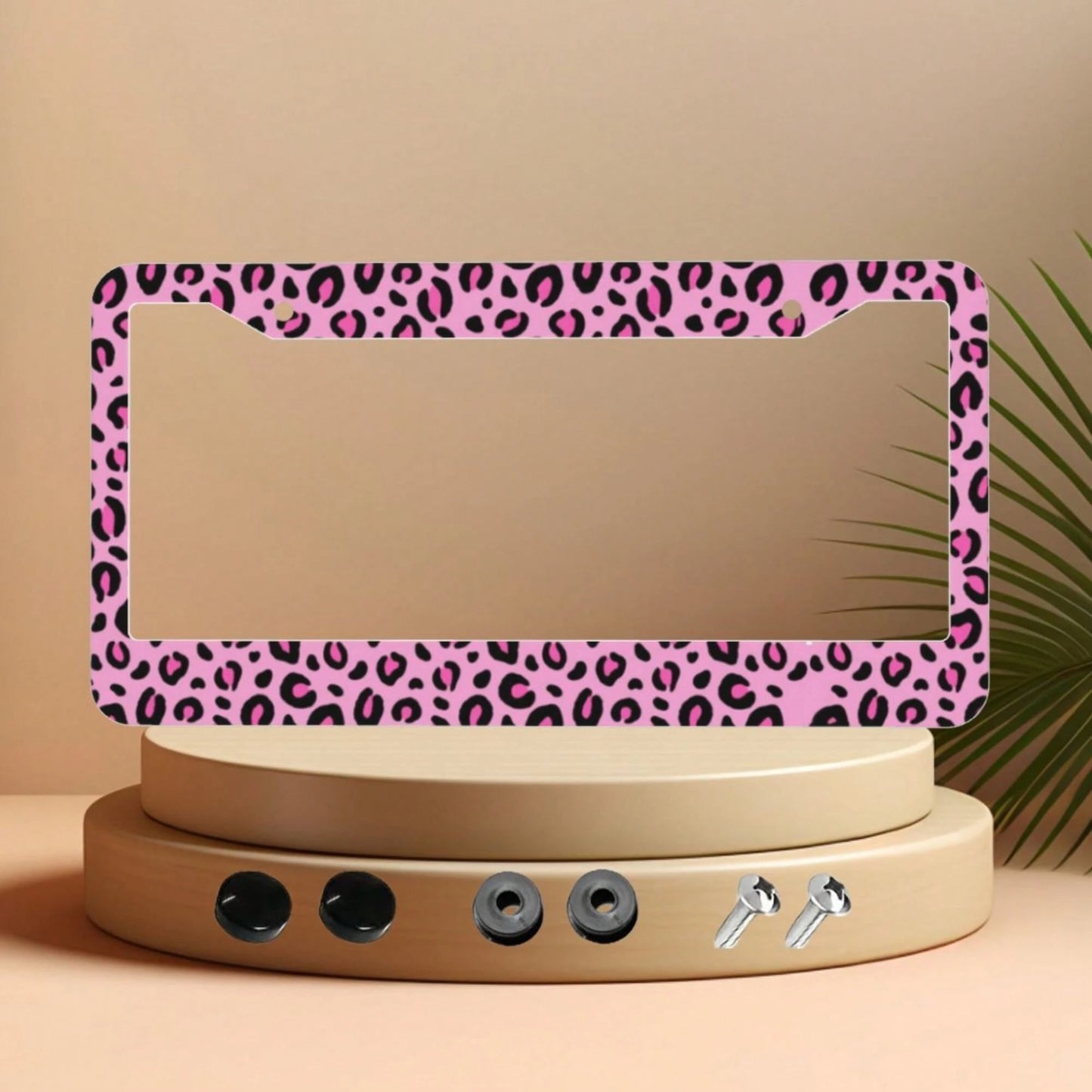 1pc Pink Leopard Print Aluminum License Plate Frame 12.2x6.3in, Romantic Valentine's Day Auto Decor Gift For Friends And Lovers,Car Cover,Car Must Haves,Gifts,Car Decor,Car Acessesories>Essentials,Car