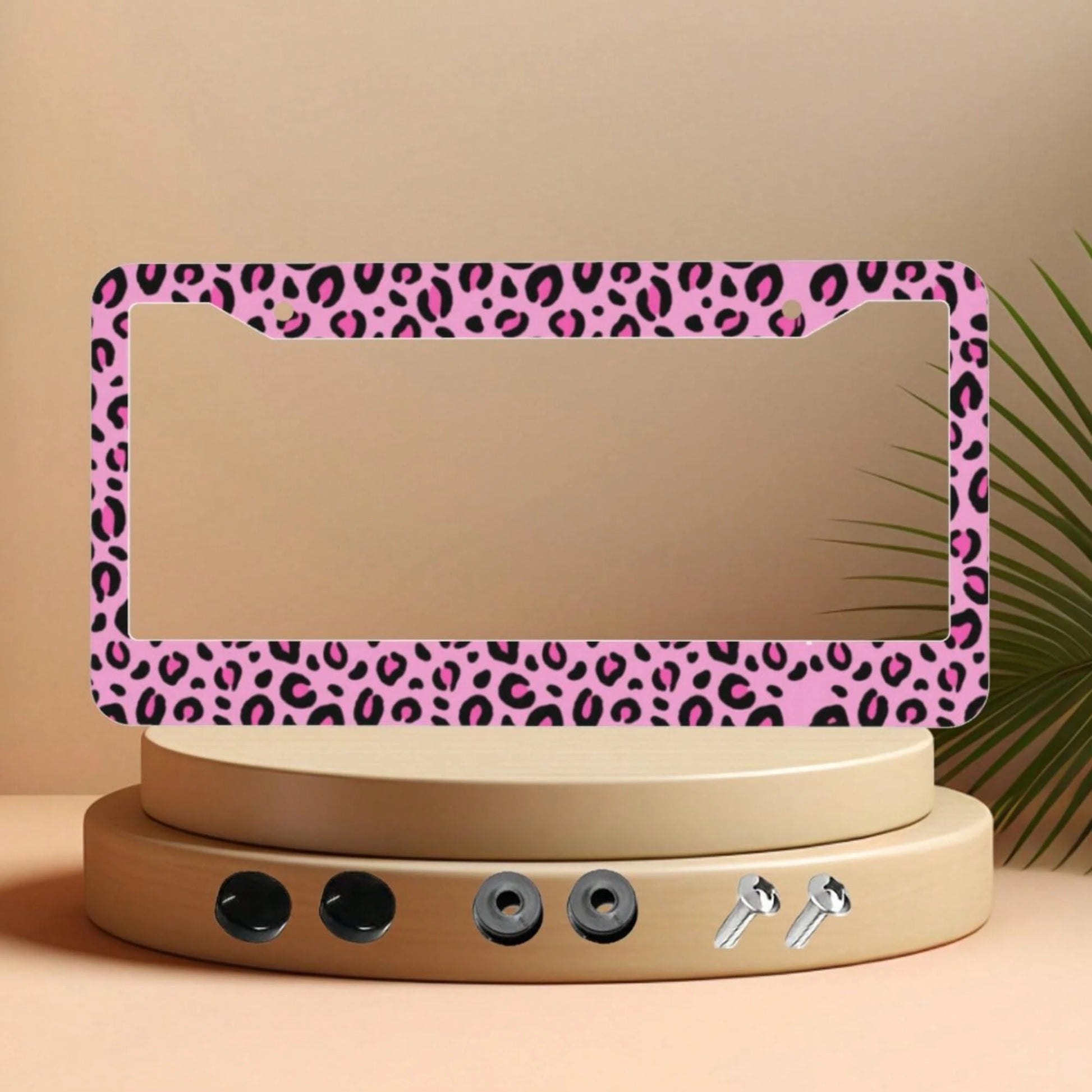 1pc Pink Leopard Print Aluminum License Plate Frame 12.2x6.3in, Romantic Valentine's Day Auto Decor Gift For Friends And Lovers,Car Cover,Car Must Haves,Gifts,Car Decor,Car Acessesories>Essentials,Car