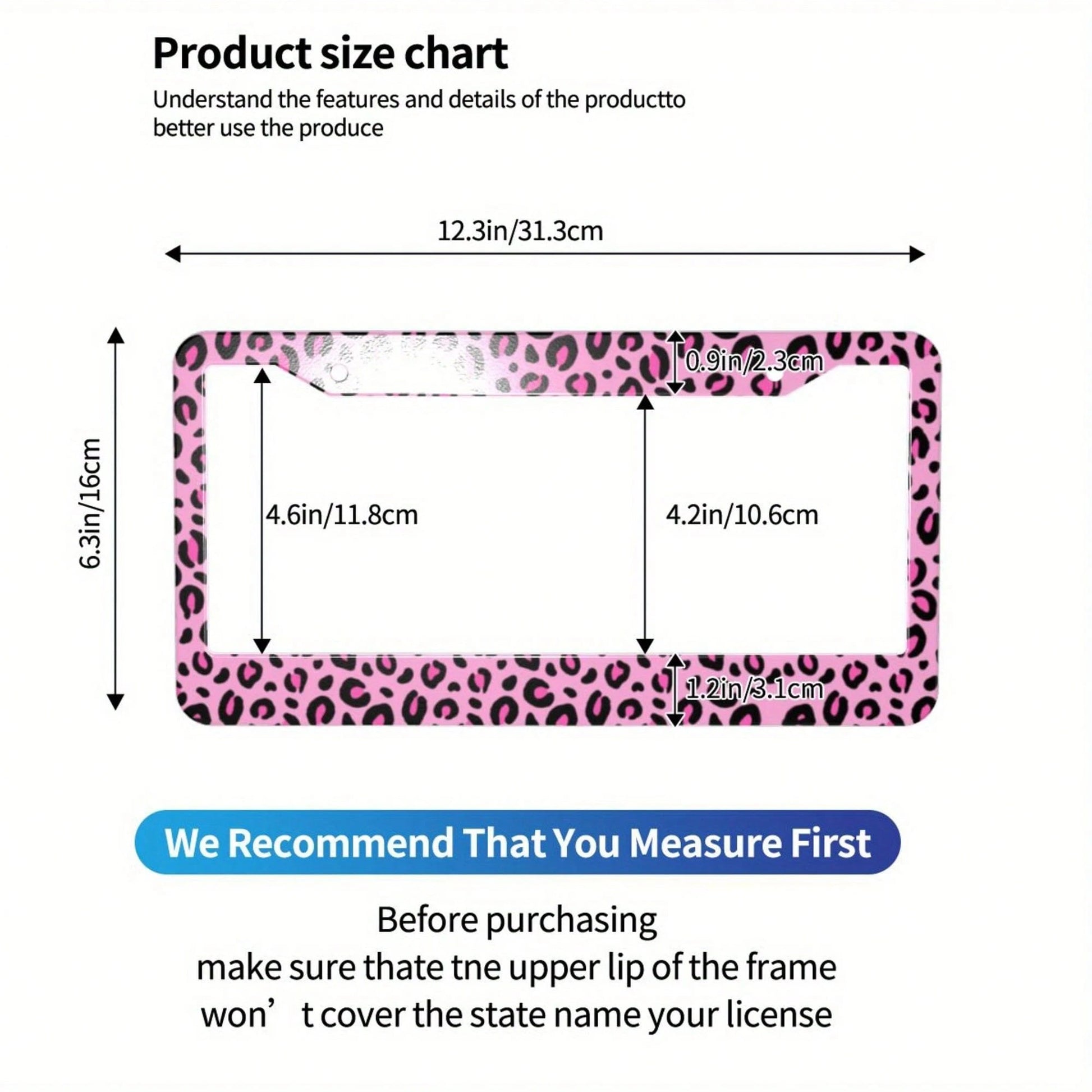 1pc Pink Leopard Print Aluminum License Plate Frame 12.2x6.3in, Romantic Valentine's Day Auto Decor Gift For Friends And Lovers,Car Cover,Car Must Haves,Gifts,Car Decor,Car Acessesories>Essentials,Car