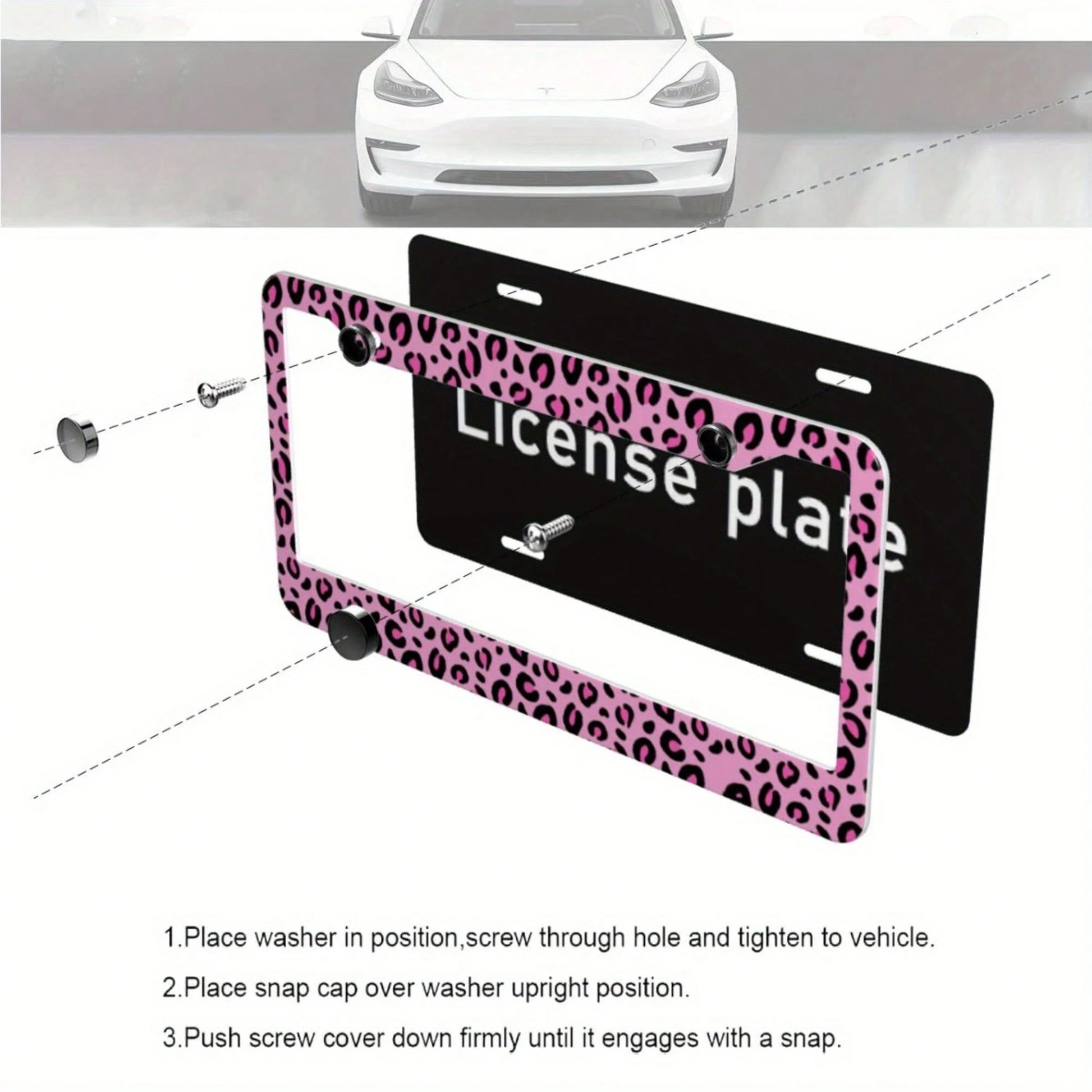 1pc Pink Leopard Print Aluminum License Plate Frame 12.2x6.3in, Romantic Valentine's Day Auto Decor Gift For Friends And Lovers,Car Cover,Car Must Haves,Gifts,Car Decor,Car Acessesories>Essentials,Car