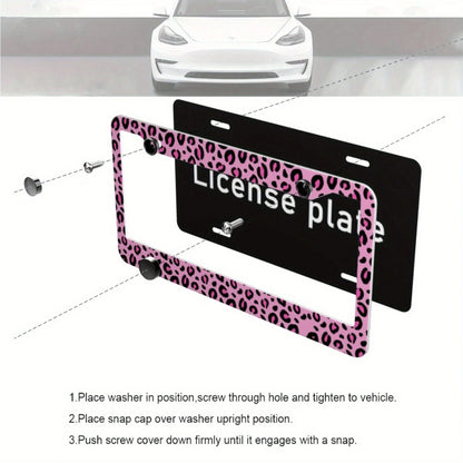 1pc Pink Leopard Print Aluminum License Plate Frame 12.2x6.3in, Romantic Valentine's Day Auto Decor Gift For Friends And Lovers,Car Cover,Car Must Haves,Gifts,Car Decor,Car Acessesories>Essentials,Car