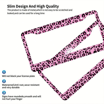 1pc Pink Leopard Print Aluminum License Plate Frame 12.2x6.3in, Romantic Valentine's Day Auto Decor Gift For Friends And Lovers,Car Cover,Car Must Haves,Gifts,Car Decor,Car Acessesories>Essentials,Car
