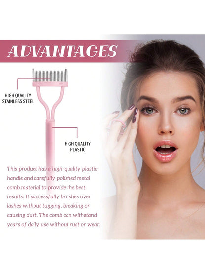 1pc Pink Stainless Steel Dense Tooth Eyelash Comb Brush, Portable Eyelash Curling Assistant Tool, Eye Makeup Tool, False Eyelash Grooming Tool