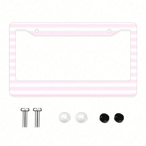 1pc Pink Striped Novelty And Fun- Themed License Plate Frame, Aluminum- Made, 6x12 Inches, 2- Hole Type With Screw Set, Car Decoration And, Meets US Vehicle Standards