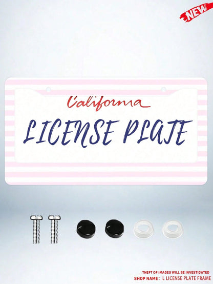 1pc Pink Striped Novelty And Fun- Themed License Plate Frame, Aluminum- Made, 6x12 Inches, 2- Hole Type With Screw Set, Car Decoration And, Meets US Vehicle Standards