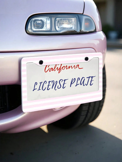 1pc Pink Striped Novelty And Fun- Themed License Plate Frame, Aluminum- Made, 6x12 Inches, 2- Hole Type With Screw Set, Car Decoration And, Meets US Vehicle Standards