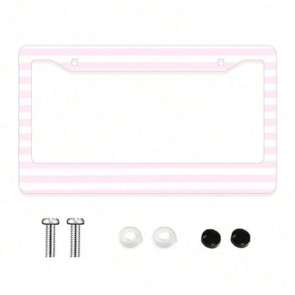 1pc Pink Striped Novelty And Fun- Themed License Plate Frame, Aluminum- Made, 6x12 Inches, 2- Hole Type With Screw Set, Car Decoration And, Meets US Vehicle Standards