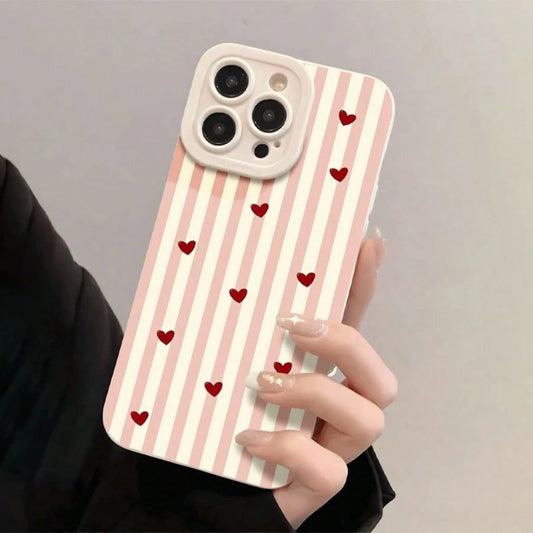 1pc Pink & White Striped Heart Pattern Full Coverage TPU Shockproof Phone Case Compatible With Apple 17 16 15 14 13 12 11 Pro Max