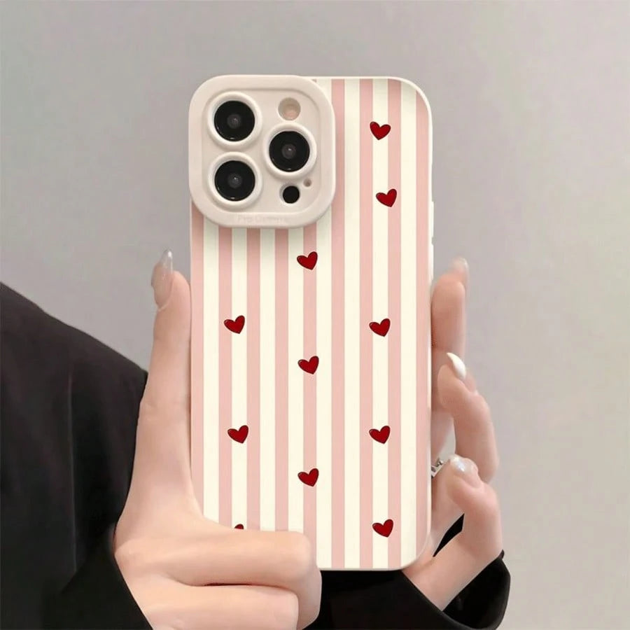 1pc Pink & White Striped Heart Pattern Full Coverage TPU Shockproof Phone Case Compatible With Apple 17 16 15 14 13 12 11 Pro Max