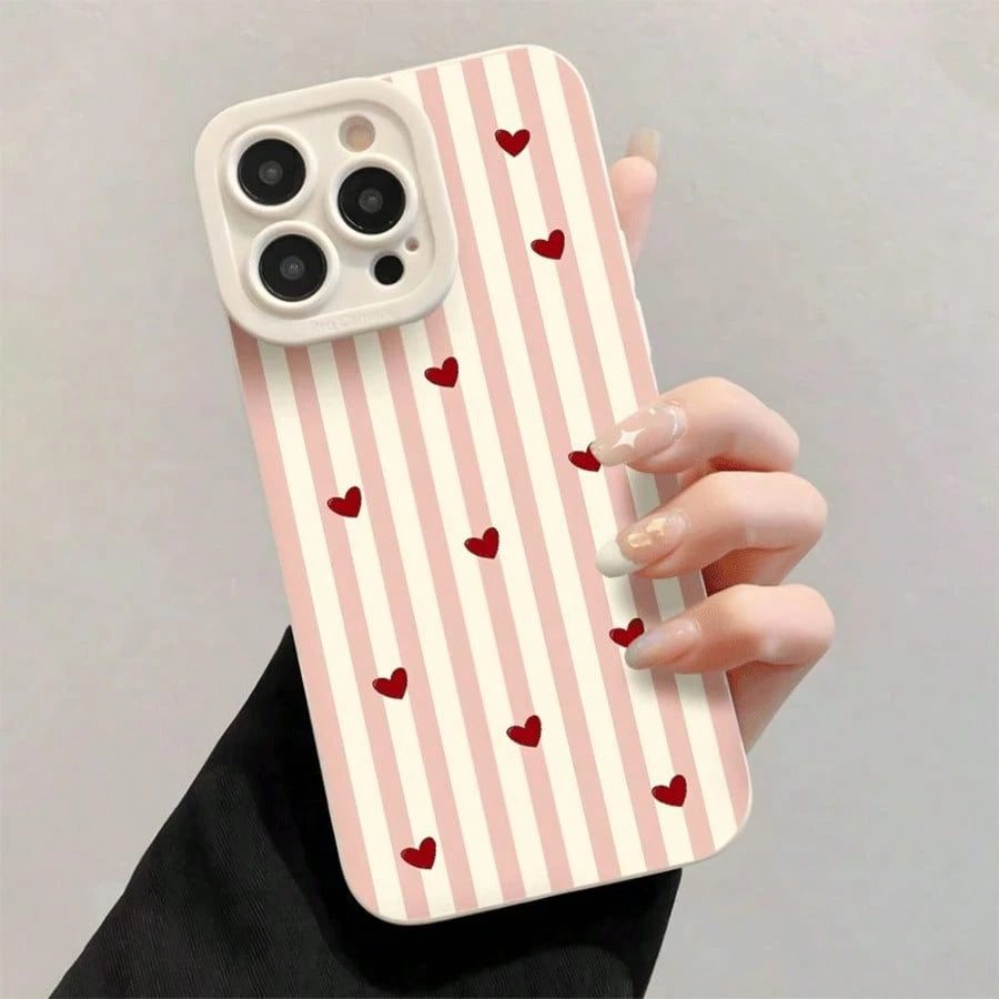 1pc Pink & White Striped Heart Pattern Full Coverage TPU Shockproof Phone Case Compatible With Apple 17 16 15 14 13 12 11 Pro Max