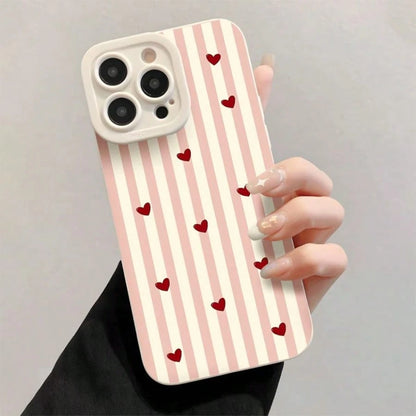 1pc Pink & White Striped Heart Pattern Full Coverage TPU Shockproof Phone Case Compatible With Apple 17 16 15 14 13 12 11 Pro Max