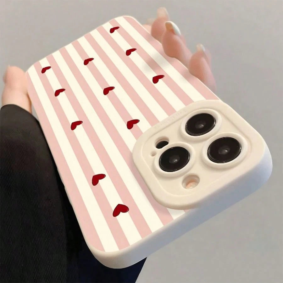 1pc Pink & White Striped Heart Pattern Full Coverage TPU Shockproof Phone Case Compatible With Apple 17 16 15 14 13 12 11 Pro Max
