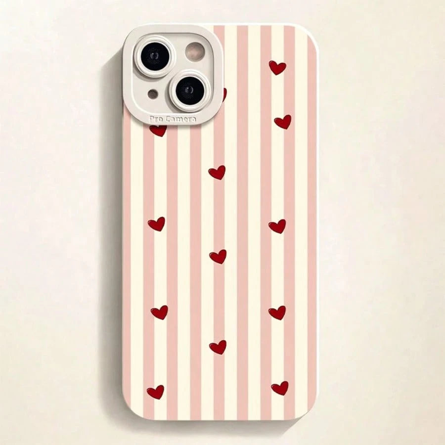 1pc Pink & White Striped Heart Pattern Full Coverage TPU Shockproof Phone Case Compatible With Apple 17 16 15 14 13 12 11 Pro Max