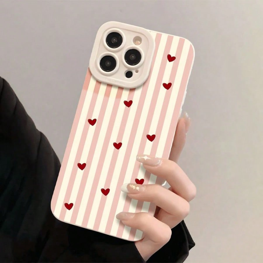1pc Pink & White Striped Heart Pattern Full Coverage TPU Shockproof Phone Case Compatible With Apple 17 16 15 14 13 12 11 Pro Max