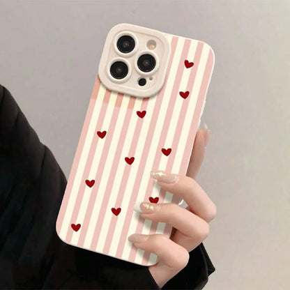 1pc Pink & White Striped Heart Pattern Full Coverage TPU Shockproof Phone Case Compatible With Apple 17 16 15 14 13 12 11 Pro Max