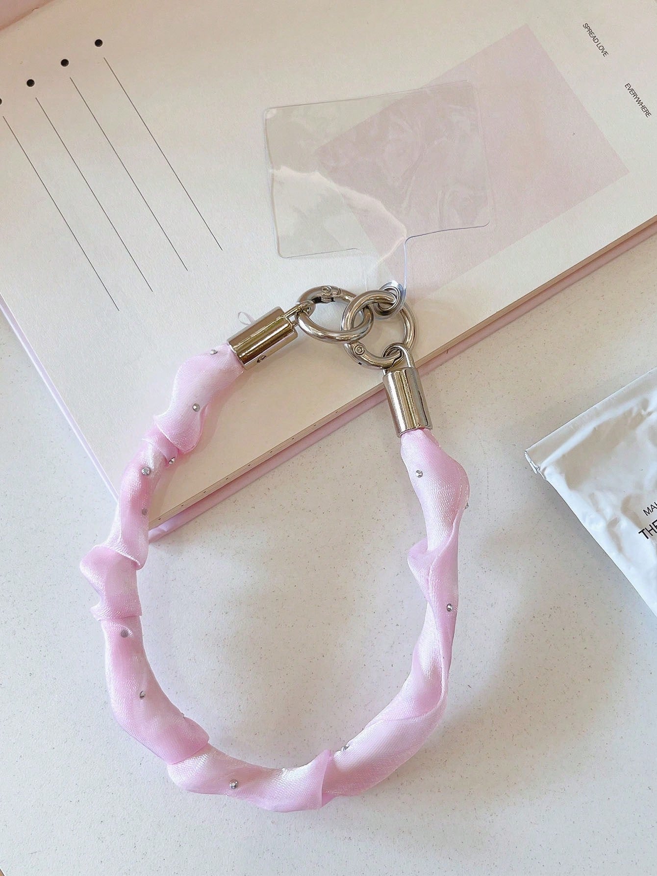 1pc Pleated Satin Fabric Phone Wrist Lanyard, Rhinestone Decor Short Phone Strap With T-Type Patch, Anti-Lost Hand Strap For Smartphone