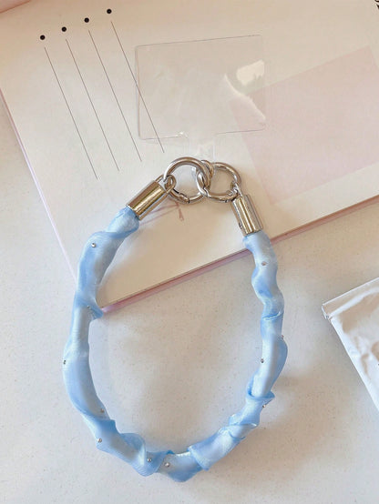 1pc Pleated Satin Fabric Phone Wrist Lanyard, Rhinestone Decor Short Phone Strap With T-Type Patch, Anti-Lost Hand Strap For Smartphone