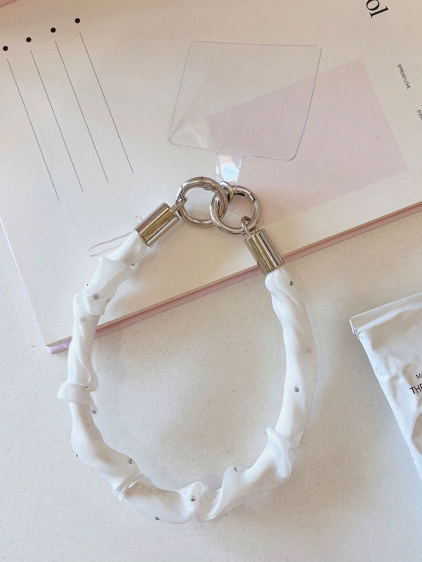 1pc Pleated Satin Fabric Phone Wrist Lanyard, Rhinestone Decor Short Phone Strap With T-Type Patch, Anti-Lost Hand Strap For Smartphone