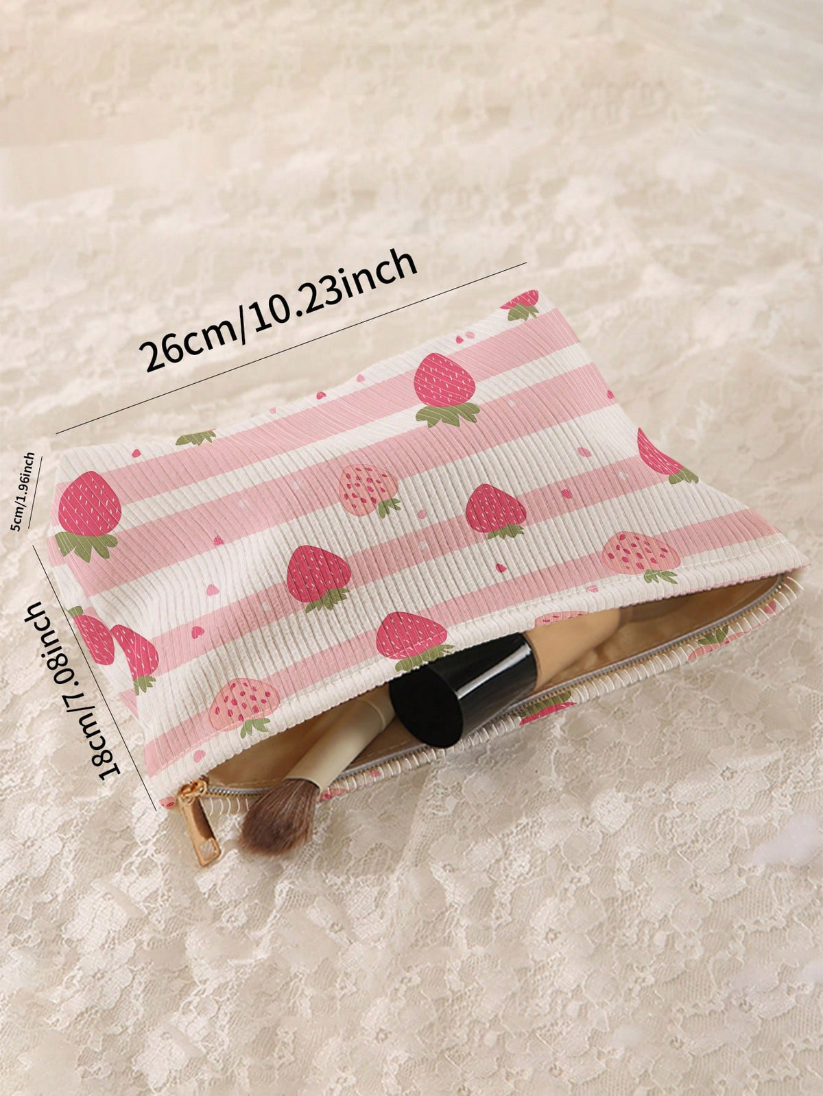 1pc Portable Strawberry Flower Pattern Dual-Sided Printed Zipper Cosmetic Bag, Multi-Function Travel Toiletry Organizer,Fall Decor,Autumn Decor,Room Decor