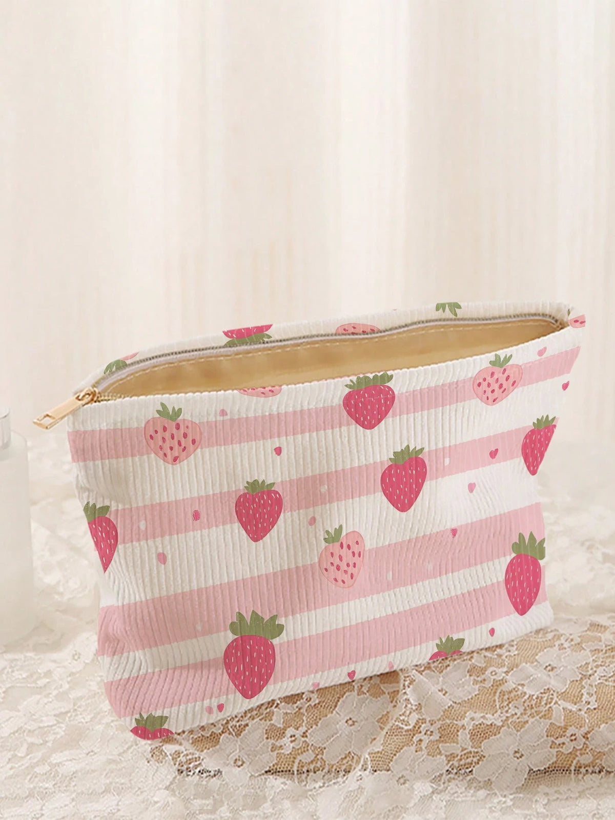 1pc Portable Strawberry Flower Pattern Dual-Sided Printed Zipper Cosmetic Bag, Multi-Function Travel Toiletry Organizer,Fall Decor,Autumn Decor,Room Decor