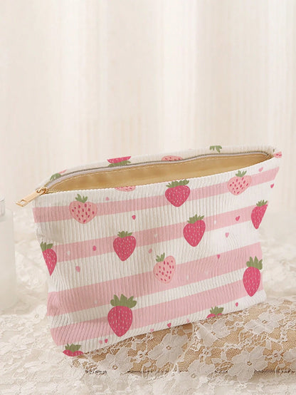 1pc Portable Strawberry Flower Pattern Dual-Sided Printed Zipper Cosmetic Bag, Multi-Function Travel Toiletry Organizer,Fall Decor,Autumn Decor,Room Decor