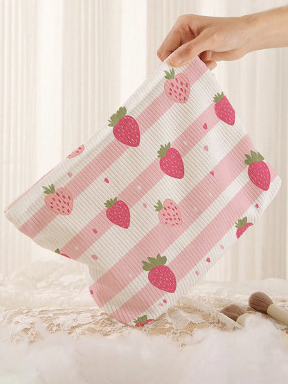 1pc Portable Strawberry Flower Pattern Dual-Sided Printed Zipper Cosmetic Bag, Multi-Function Travel Toiletry Organizer,Fall Decor,Autumn Decor,Room Decor