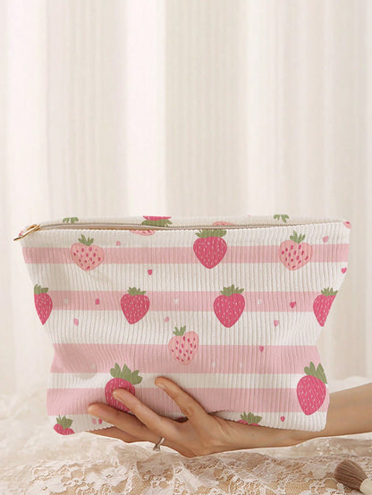 1pc Portable Strawberry Flower Pattern Dual-Sided Printed Zipper Cosmetic Bag, Multi-Function Travel Toiletry Organizer,Fall Decor,Autumn Decor,Room Decor