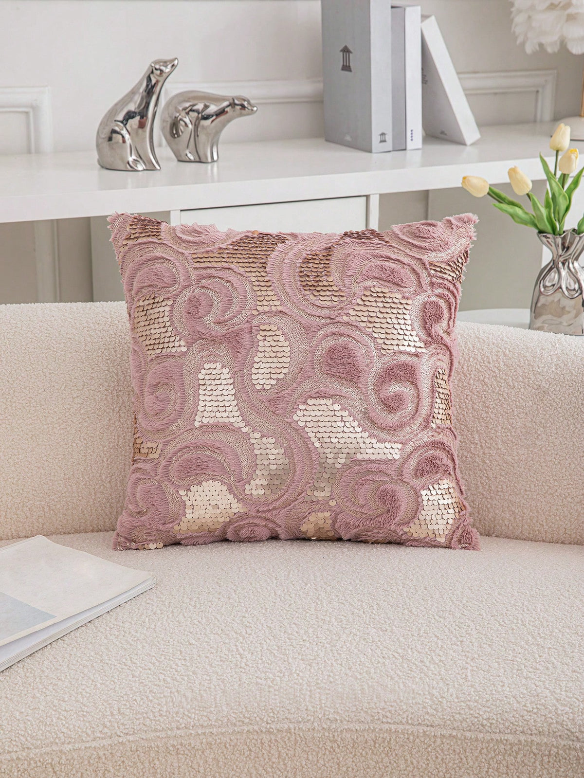 1pc PV Velvet Sequin Throw Pillow Cover (No Pillow Insert), Square Polyester Sequin Embroidered Cushion Cover, Suitable For Party, Living Room, Dining Room, Holiday