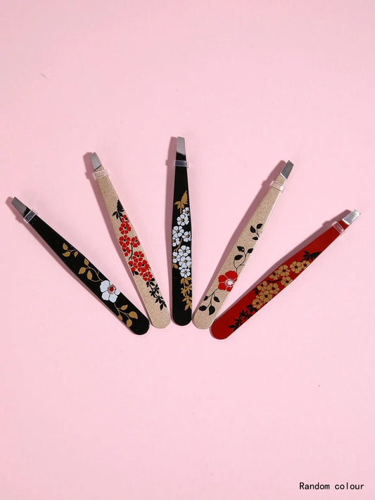 1pc Random Flower Print Eyelash Tweezers,Professional Stainless Steel Tweezers for Eyebrows- Great Precision for Facial Hair, Splinter and Ingrown Hair Removal