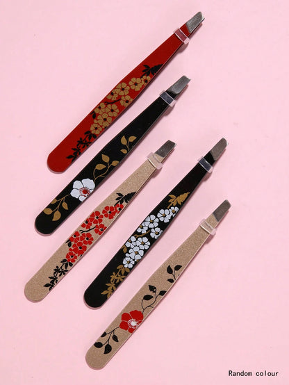 1pc Random Flower Print Eyelash Tweezers,Professional Stainless Steel Tweezers for Eyebrows- Great Precision for Facial Hair, Splinter and Ingrown Hair Removal