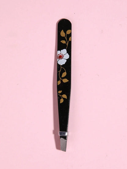 1pc Random Flower Print Eyelash Tweezers,Professional Stainless Steel Tweezers for Eyebrows- Great Precision for Facial Hair, Splinter and Ingrown Hair Removal
