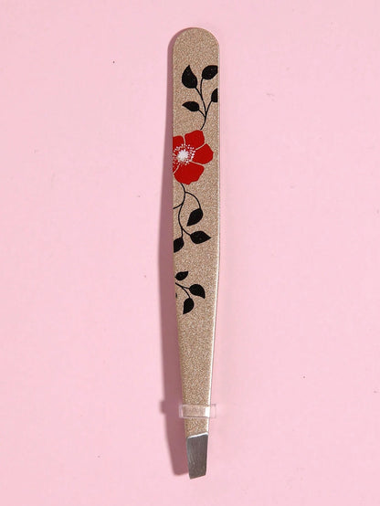 1pc Random Flower Print Eyelash Tweezers,Professional Stainless Steel Tweezers for Eyebrows- Great Precision for Facial Hair, Splinter and Ingrown Hair Removal