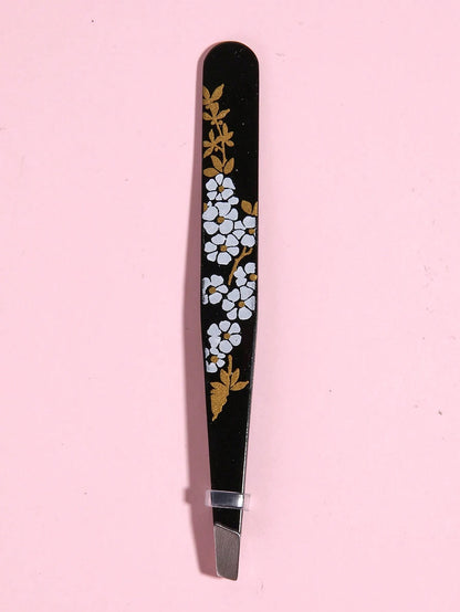 1pc Random Flower Print Eyelash Tweezers,Professional Stainless Steel Tweezers for Eyebrows- Great Precision for Facial Hair, Splinter and Ingrown Hair Removal