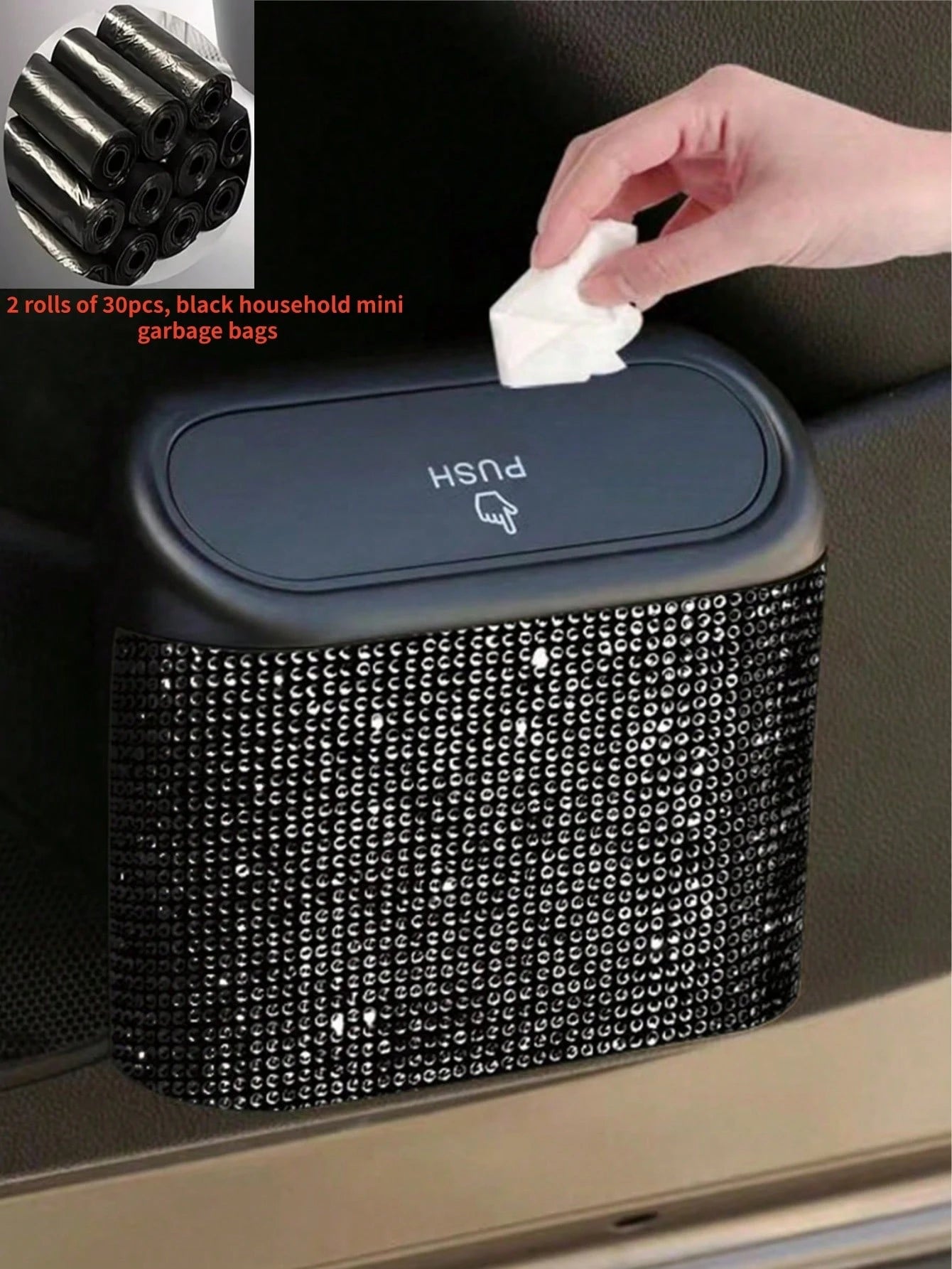 1pc Rhinestone Design Car Trash Can With Lid, Press-Type Car Trash Can For Storing Trash And Car Decoration, Includes 30 Trash Bags, With Back Clip For Hanging On Car Door Side, Shiny Car Trash Can