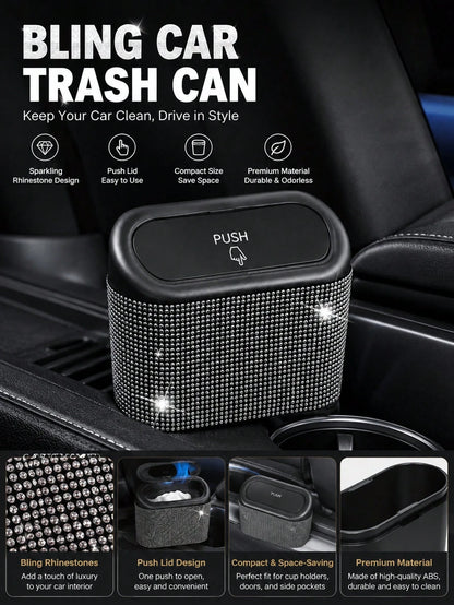 1pc Rhinestone Design Car Trash Can With Lid, Press-Type Car Trash Can For Storing Trash And Car Decoration, Includes 30 Trash Bags, With Back Clip For Hanging On Car Door Side, Shiny Car Trash Can