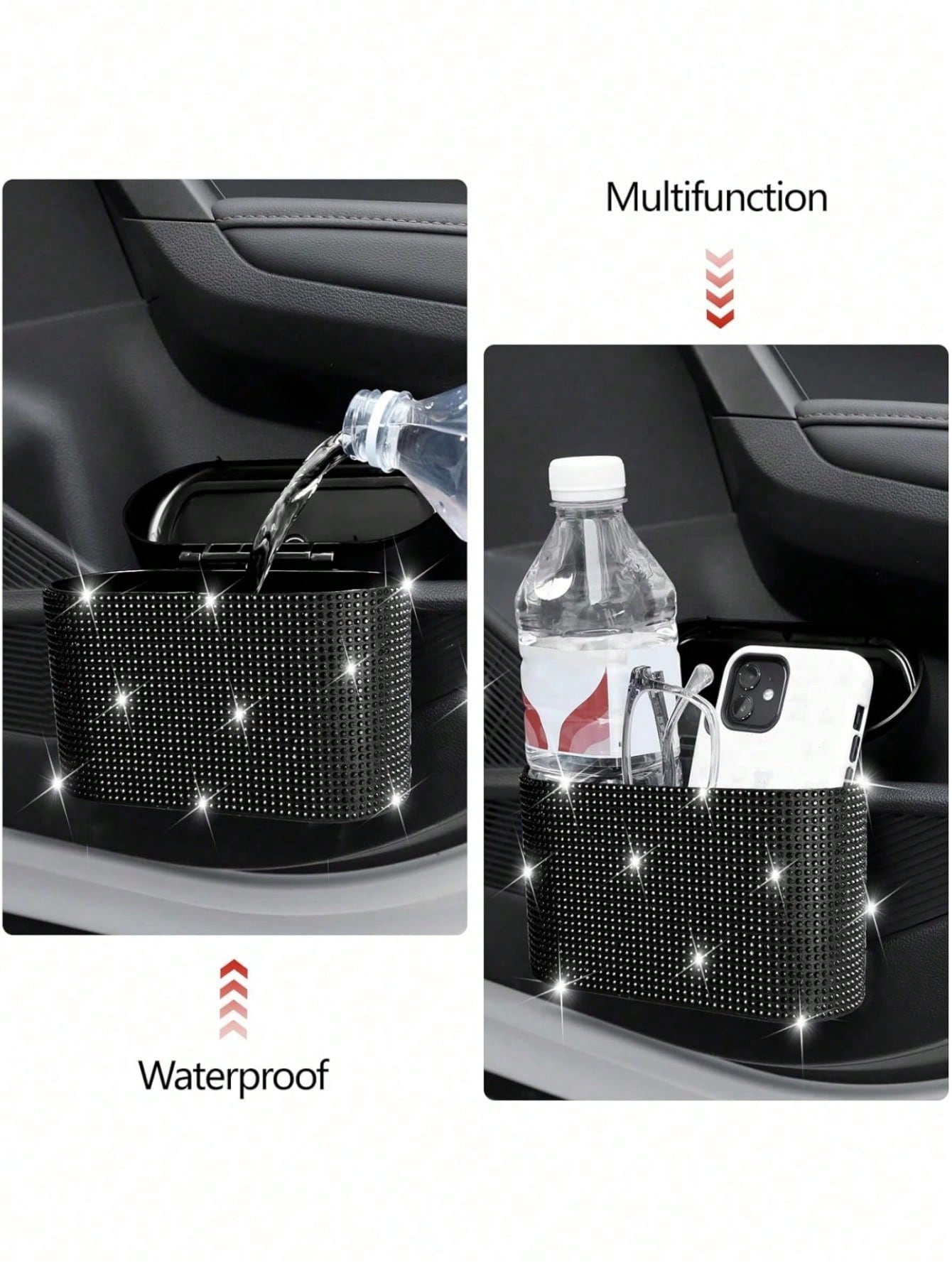 1pc Rhinestone Design Car Trash Can With Lid, Press-Type Car Trash Can For Storing Trash And Car Decoration, Includes 30 Trash Bags, With Back Clip For Hanging On Car Door Side, Shiny Car Trash Can