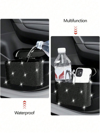 1pc Rhinestone Design Car Trash Can With Lid, Press-Type Car Trash Can For Storing Trash And Car Decoration, Includes 30 Trash Bags, With Back Clip For Hanging On Car Door Side, Shiny Car Trash Can