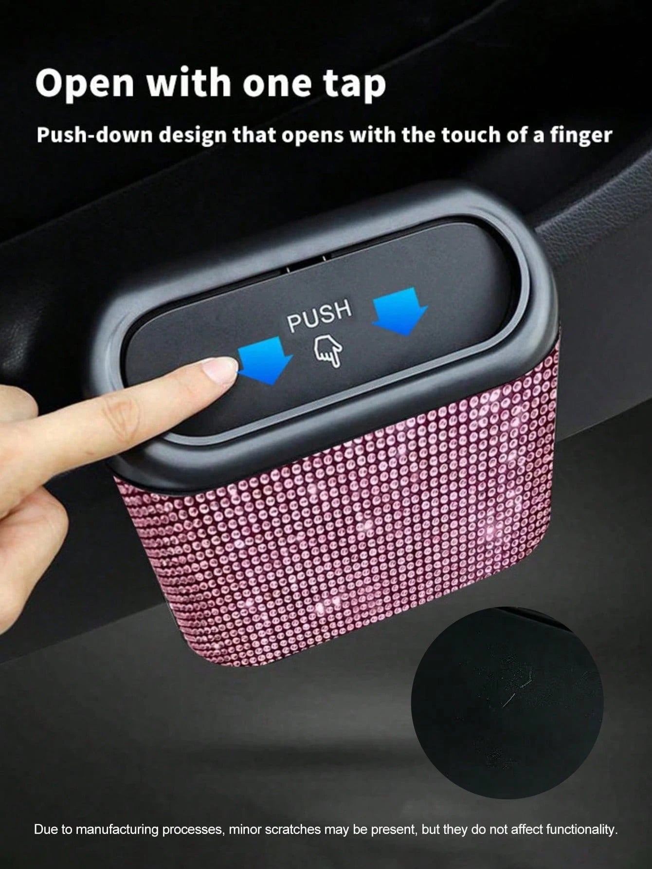 1pc Rhinestone Design Car Trash Can With Lid, Press-Type Car Trash Can For Storing Trash And Car Decoration, Includes 30 Trash Bags, With Back Clip For Hanging On Car Door Side, Shiny Car Trash Can